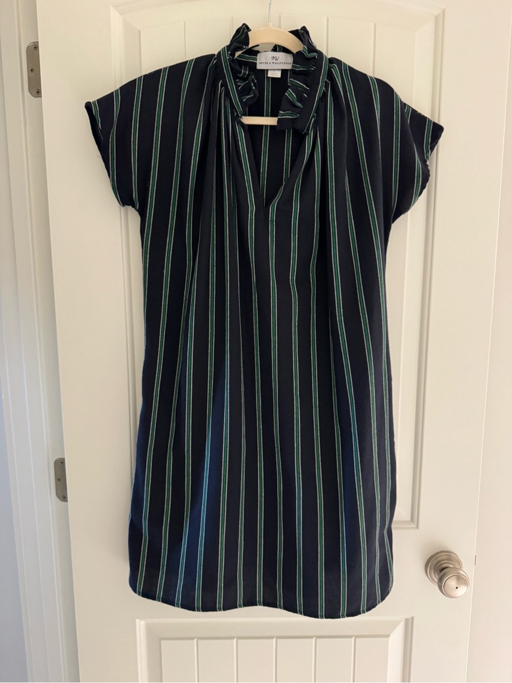 Never A Wallflower Navy Green Stripe Ruffle-Neck Shift Dress
